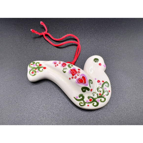 Vintage Ceramic Hand Painted Signed C. Emerson 1983 Bird & Heart Ornament - Picture 1 of 4